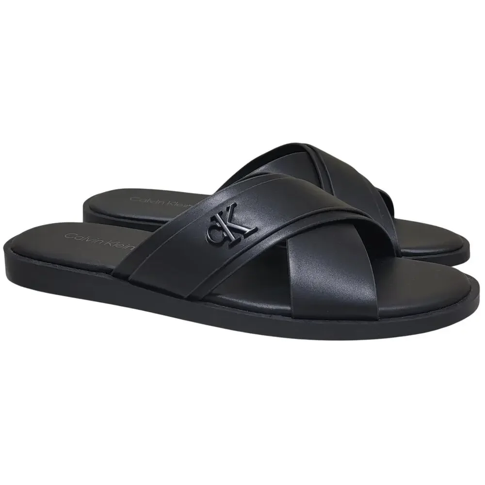 Calvin Klein Men Elern Cross Strap Slide Sandals Size US 9M Black Faux Leather